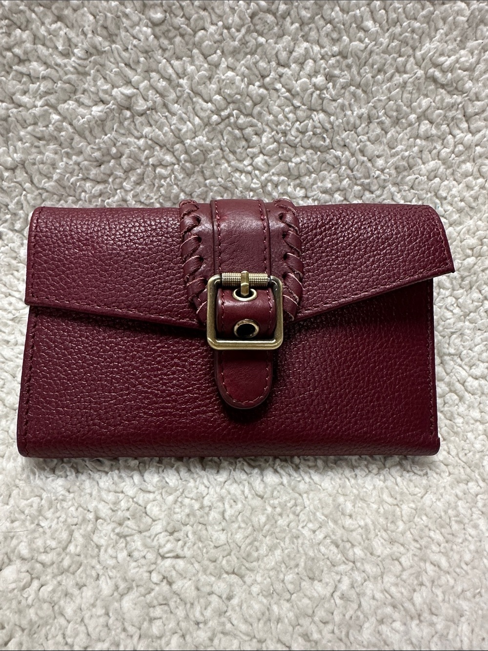 Pebbled Burgundy Genuine Leather Wallet with Buckle Strap, Whipstitch Details